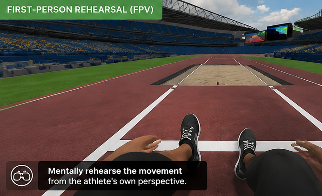 First-person stadium view with the athlete avatar's hands and legs visible